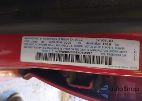 2002 Volkswagen Jetta Gl z USA, uszkodzony, nr VIN 3VWRB69M82M052497